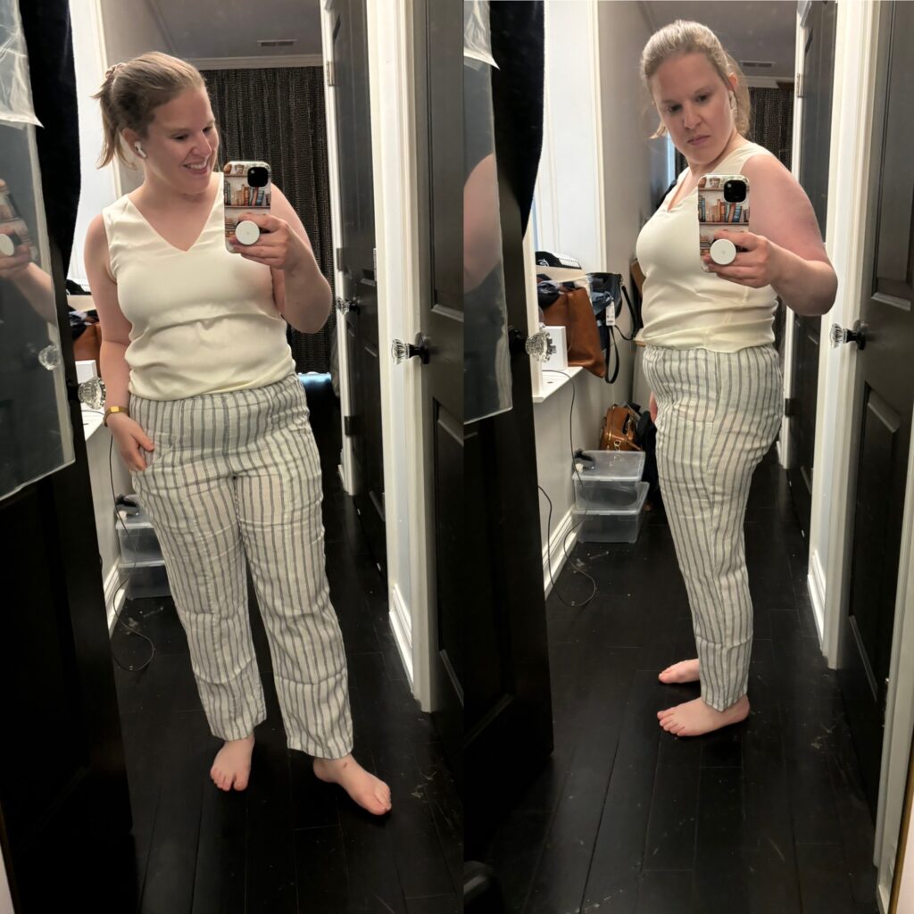 woman blogger wearing Quince European Linen Tapered Ankle Pants in white and black stripe