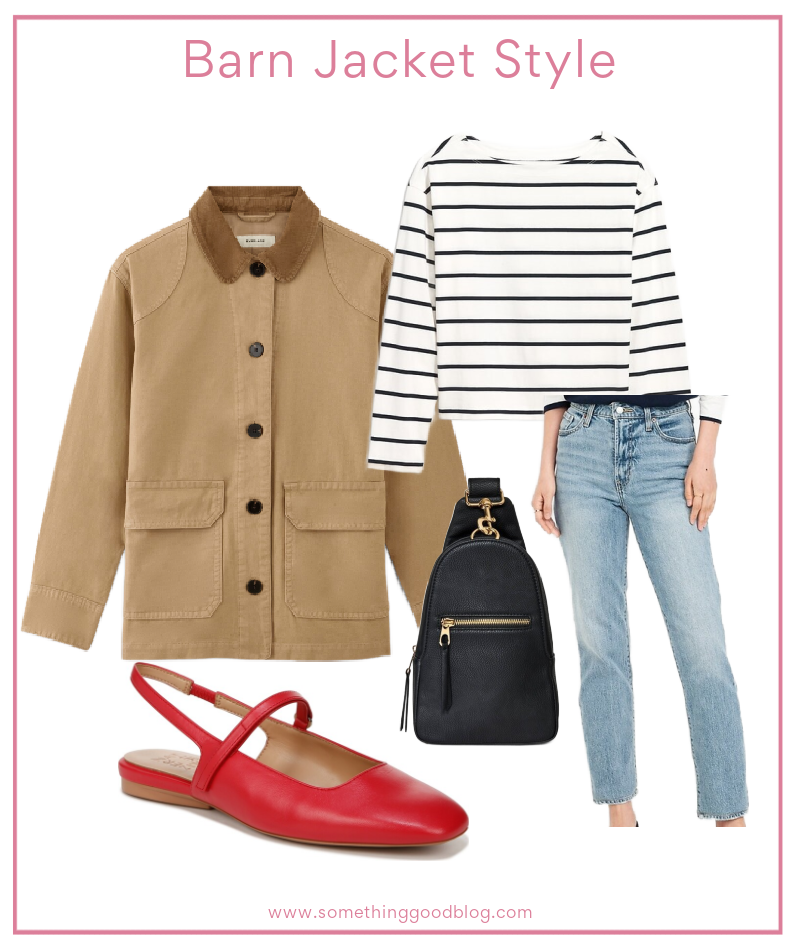 everlane barn jacket, tan barn jacket, old navy striped shirt, old navy denim, jeans, red mary jane shoes, mary jane flats, target Universal Thread
Sling Pack Handbag