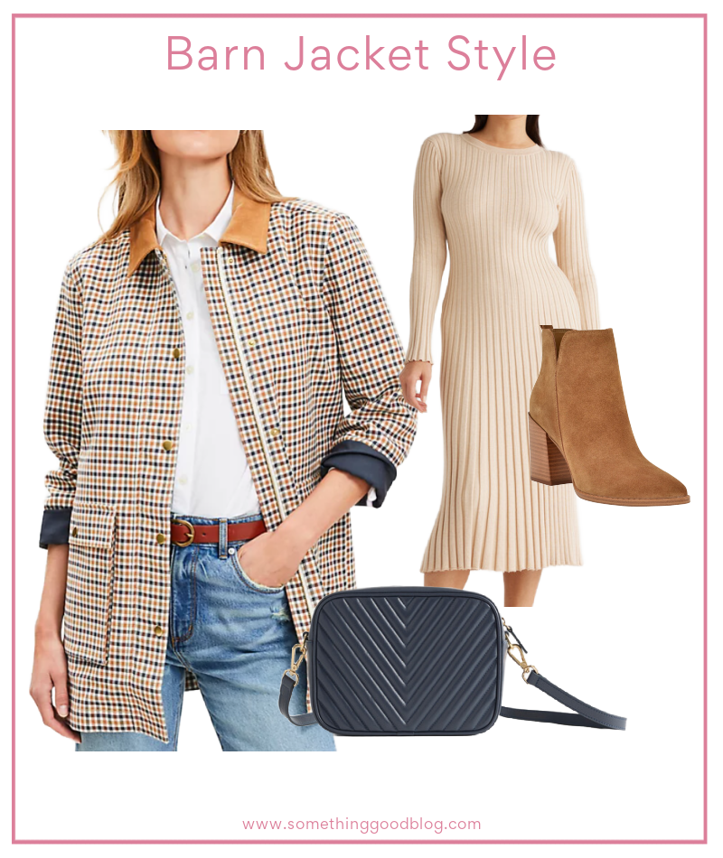 loft barn jacket, plaid jacket, tan dress, sweater dress, ankle boot, suede ankle boot, cognac shoes, navy quilted bag, crossbody bag