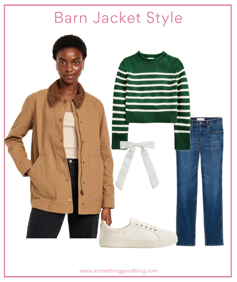 old navy barn jacket, j.crew roll neck sweater, madewell jeans, canvas sneakers, white tennis shoes, white bow, fall fashion, green sweater, tan barn jacket