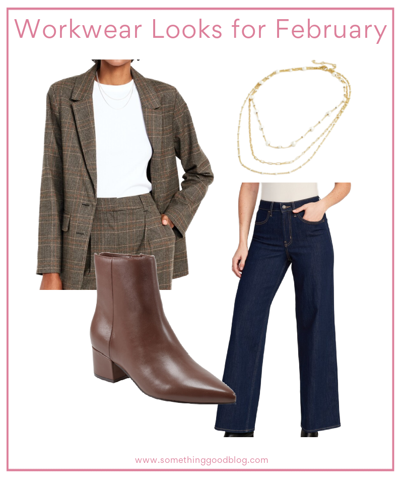 Old Navy Relaxed Twill Blazer, wide leg trouser jeans, brown ankle boots, j.crew necklace, personal stylist in dc, J.Crew Dainty gold-plated layered necklace, Marc Fisher Leonna Pointed Toe Bootie, Old Navy High-Waisted Wow Wide-Leg Jeans