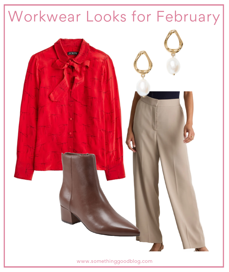 Best Winterwork Wear Looks for February, style blogger, personal stylist, stylist in washington dc, bow blouse, red blouse, tan trousers, tan pants, brown ankle boots, pearl drop earrings, Marc Fisher Leonna Pointed Toe Bootie, Quince Freshwater Cultured Pearl Sculptural Drop Earrings, J.Crew Removable tie-neck button-up shirt in bow-print crepe de chine