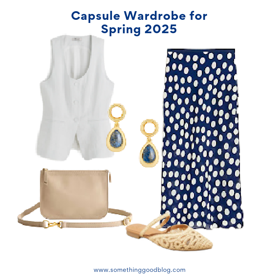 Capsule Wardrobe, Madewell 100% Linen Scoopneck Cutaway Vest, J.Crew New Gwyneth slip skirt in polka-dot viscose chiffon, Target Women's Vienna Raffia Woven Mule Flats - A New Day™ Tan, Quince Italian Leather Convertible Belt Bag, J.Crew Pearl and stone drop earrings, women's clothing, spring style, work outfit, weekend wear, fashion, date night style