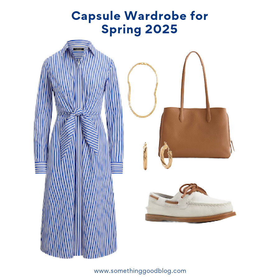 Capsule Wardrobe for Spring 2025: A Minimalist’s Guide, personal stylist, LAUREN RALPH LAUREN | Stripe Long Sleeve Cotton Broadcloth Shirtdress, SPERRY | 'Authentic Original' Boat Shoe (Women), Quince Italian Leather Triple Compartment Work Tote, Quince 14K Gold Twisted Wide Hoop, J.Crew Double-chain tag necklace, women's clothing, spring style, work outfit, weekend wear, fashion