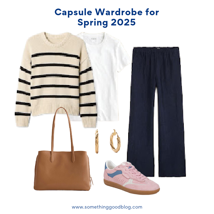 Capsule Wardrobe for Spring 2025: A Minimalist’s Guide | A Style Blog | Something Good, @danaerinw, Gap 100% Cotton Relaxed Sweater, J.Crew Vintage jersey classic-fit crewneck T-shirt, J.Crew Stratus pant in textured satin, SAM EDELMAN | Kallen Sneaker (Women), Quince Italian Leather Triple Compartment Work Tote, Quince 14K Gold Twisted Wide Hoop, women's clothing, spring style, work outfit, weekend wear, fashion