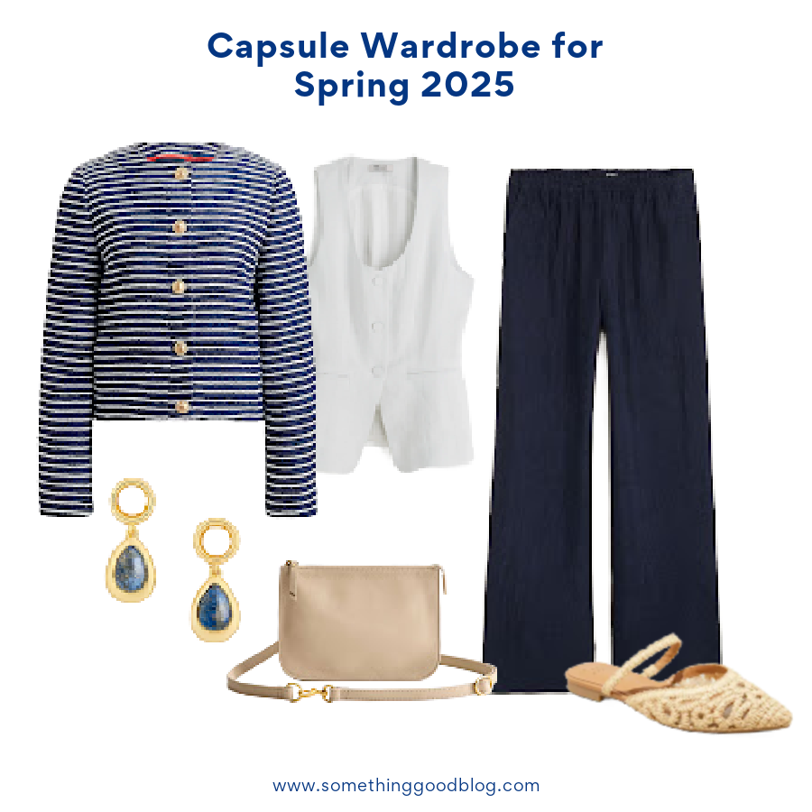 CCapsule Wardrobe for Spring 2025: A Minimalist’s Guide, personal stylist, J.Crew Factory Tweed lady jacket, Madewell 100% Linen Scoopneck Cutaway Vest, J.Crew Stratus pant in textured satin, Target Women's Vienna Raffia Woven Mule Flats - A New Day™ Tan, Quince Italian Leather Convertible Belt Bag, J.Crew Pearl and stone drop earrings, women's clothing, spring style, work outfit, weekend wear, fashion