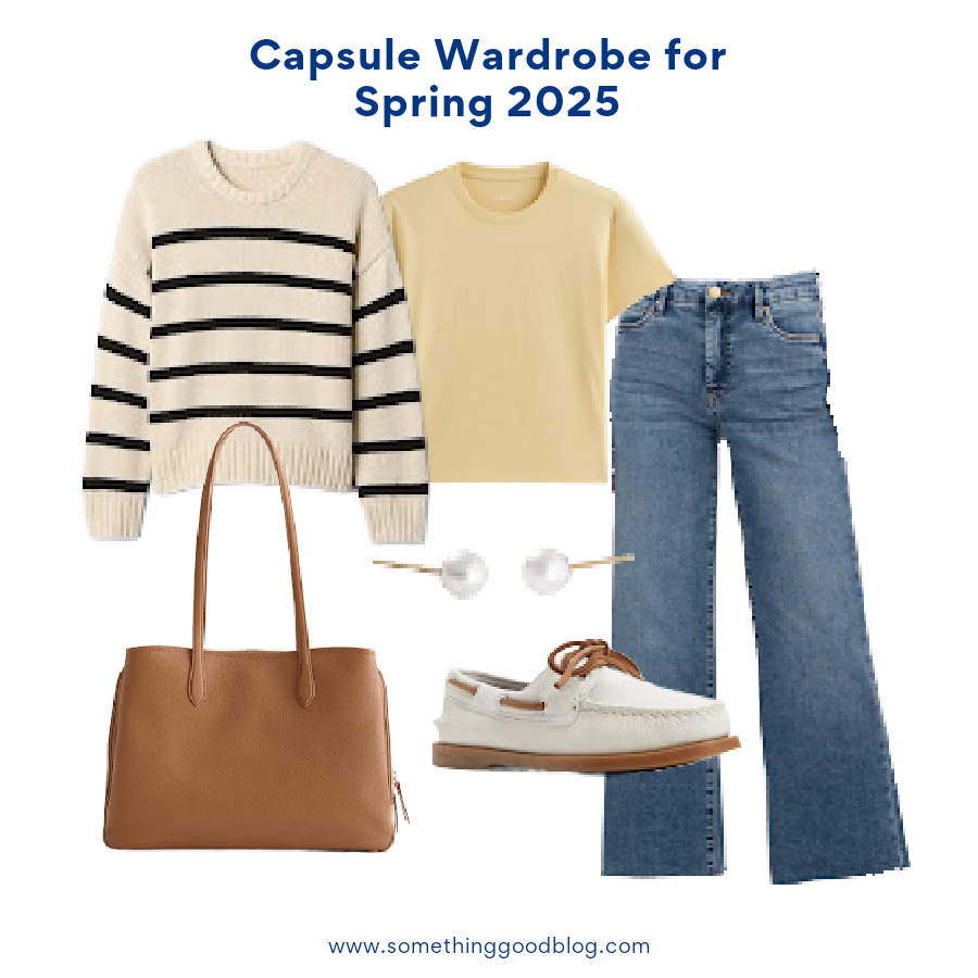 Capsule Wardrobe for Spring 2025: A Minimalist’s Guide, personal stylist, Gap 100% Cotton Relaxed Sweater, Everlane The Box-Cut Tee in Essential Cotton, KUT FROM THE KLOTH | Meg Fab Ab Raw Hem High Waist Wide Leg Jeans, SPERRY | 'Authentic Original' Boat Shoe (Women), Quince Italian Leather Triple Compartment Work Tote, Quince 14K Gold Freshwater Cultured Pearl Studs, women's clothing, spring style, work outfit, weekend wear, fashion, running errands look