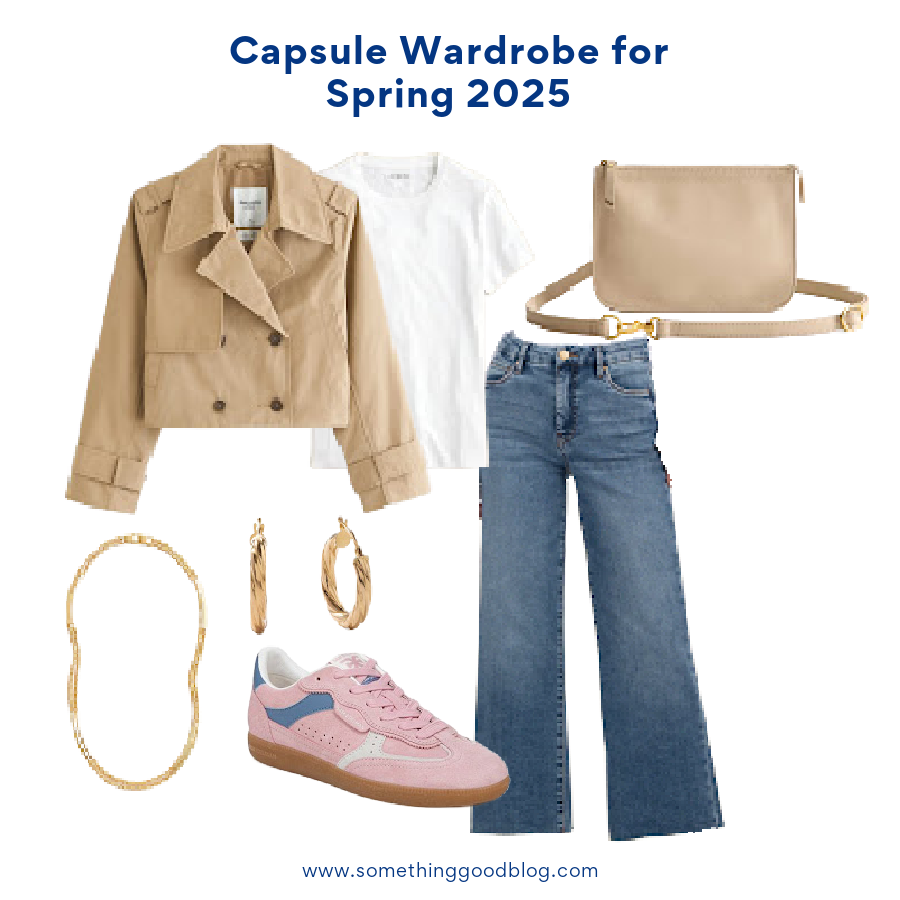 Capsule Wardrobe for Spring 2025: A Minimalist’s Guide, personal stylist, Abercrombie and Fitch, Relaxed Short Trench Coat, J.Crew Vintage jersey classic-fit crewneck T-shirt, KUT FROM THE KLOTH | Meg Fab Ab Raw Hem High Waist Wide Leg Jeans, SAM EDELMAN | Kallen Sneaker (Women), Quince Italian Leather Convertible Belt Bag, Quince 14K Gold Twisted Wide Hoop, J.Crew Double-chain tag necklace, women's clothing, spring style, work outfit, weekend wear, fashion, casual weekend look