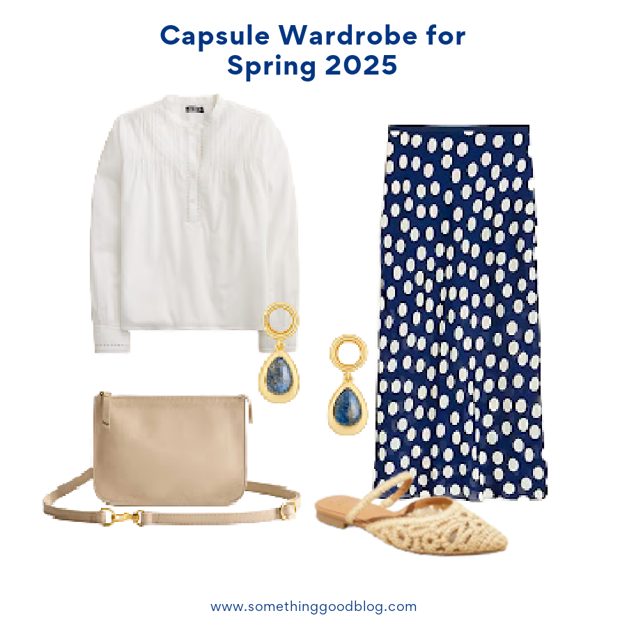  J.Crew Pintuck lace-trim top in cotton voile, J.Crew New Gwyneth slip skirt in polka-dot viscose chiffon, Target Women's Vienna Raffia Woven Mule Flats - A New Day™ Tan, Quince Italian Leather Convertible Belt Bag, J.Crew Pearl and stone drop earrings