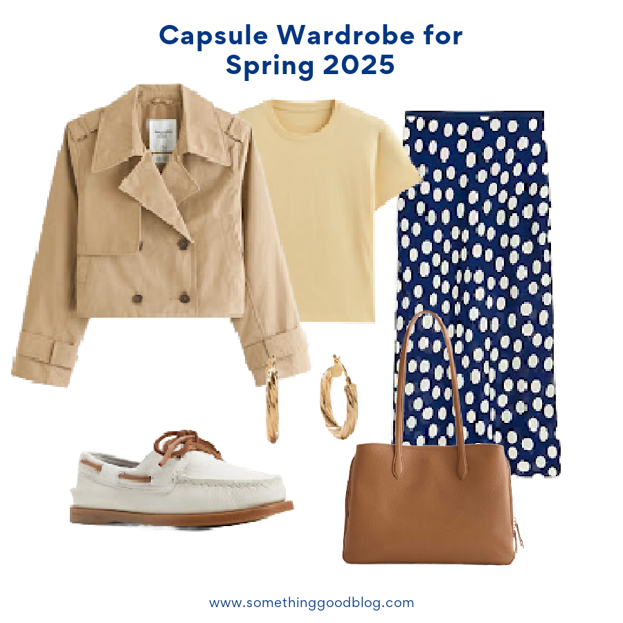 Capsule Wardrobe for Spring 2025, Abercrombie and Fitch Relaxed Short Trench Coat, Everlane The Box-Cut Tee in Essential Cotton, J.Crew New Gwyneth slip skirt in polka-dot viscose chiffon, SPERRY | 'Authentic Original' Boat Shoe (Women), Quince Italian Leather Triple Compartment Work Tote, Quince 14K Gold Twisted Wide Hoop, women's clothing, spring style, work outfit, weekend wear, fashion