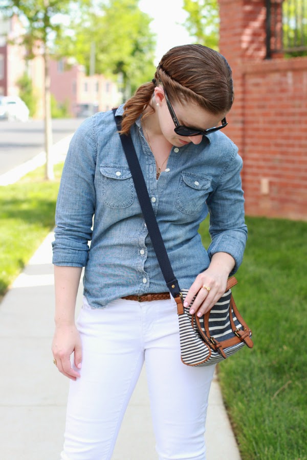 With chambray shirt and white pumps