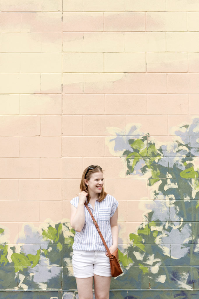 The Striped Blue Button Up_Something Good, @danaerinw , women, fashion, clothing, style, clothes, women's fashion, women's style, summer style, fourth of july, 4th of july, blue stripes, short sleeve top, white shorts, white denim shorts, crossbody bag, cognac bag