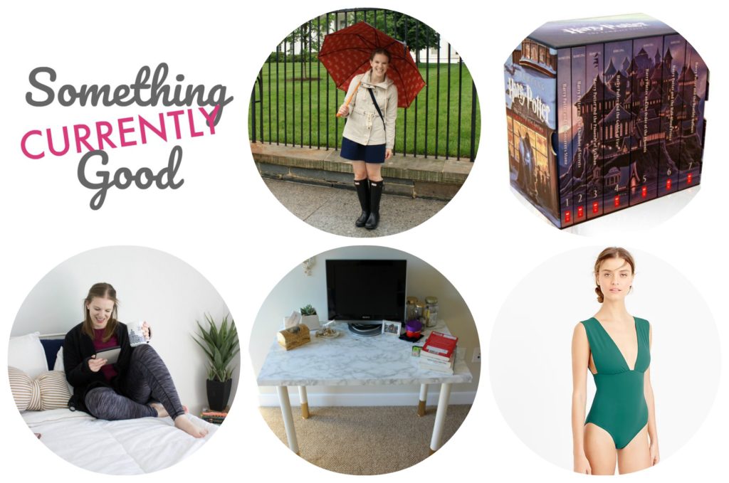 girl in rainboots holding umbrella, marble desk diy, woman on bed holding mug, j.crew plunge neck swimsuit, harry potter series books