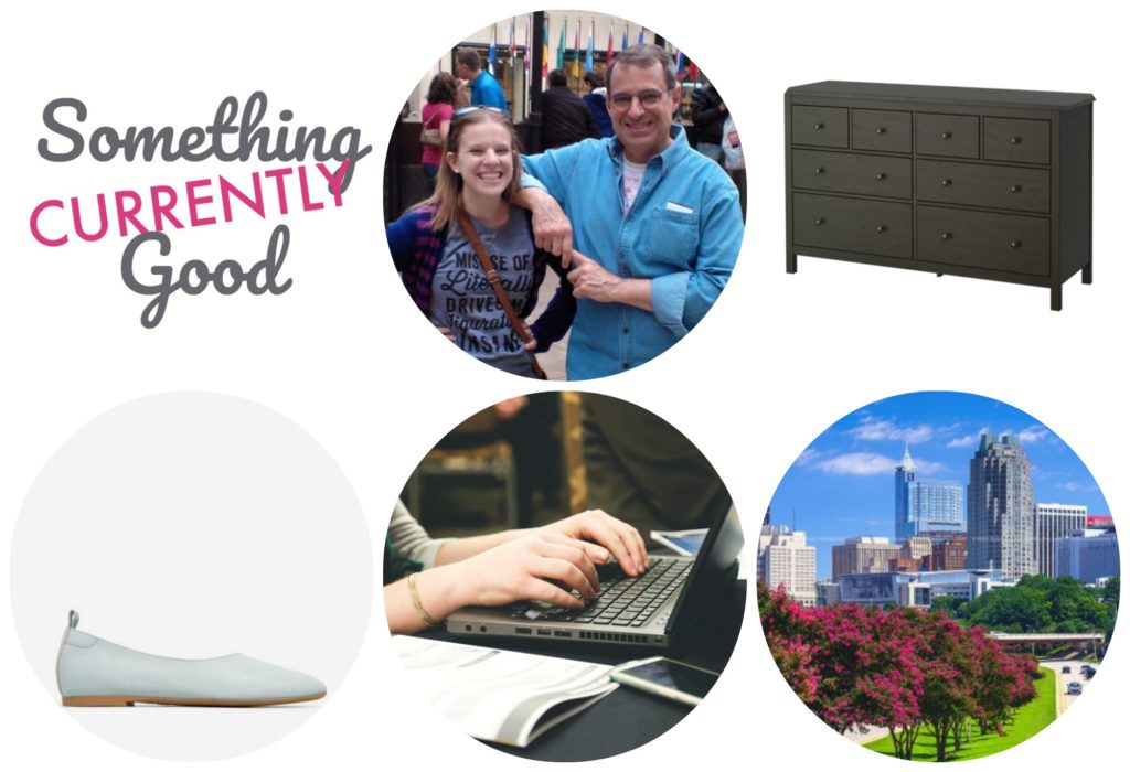 father and daughter laughing together, a dresser, a blue flat shoe, hands typing on a laptop