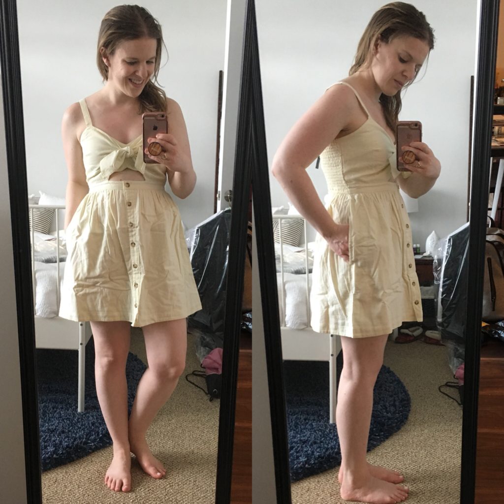 dc woman blogger wearing Ambercrombie knot-front dress light yellow