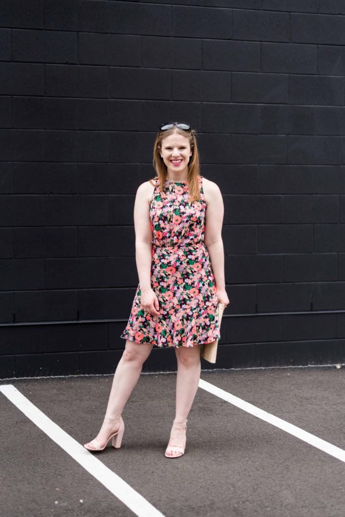 DC woman blogger wearing J.Crew Mercantile ruched-waist neon floral dress