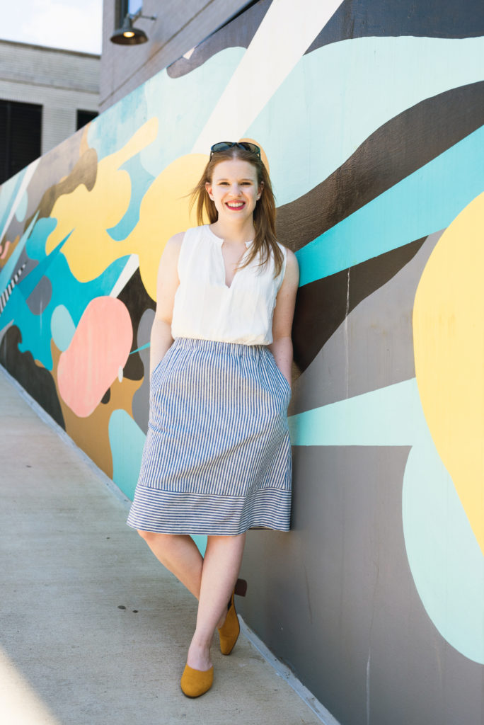 DC woman blogger wearing J.Crew Factory striped cotton-linen midi skirt