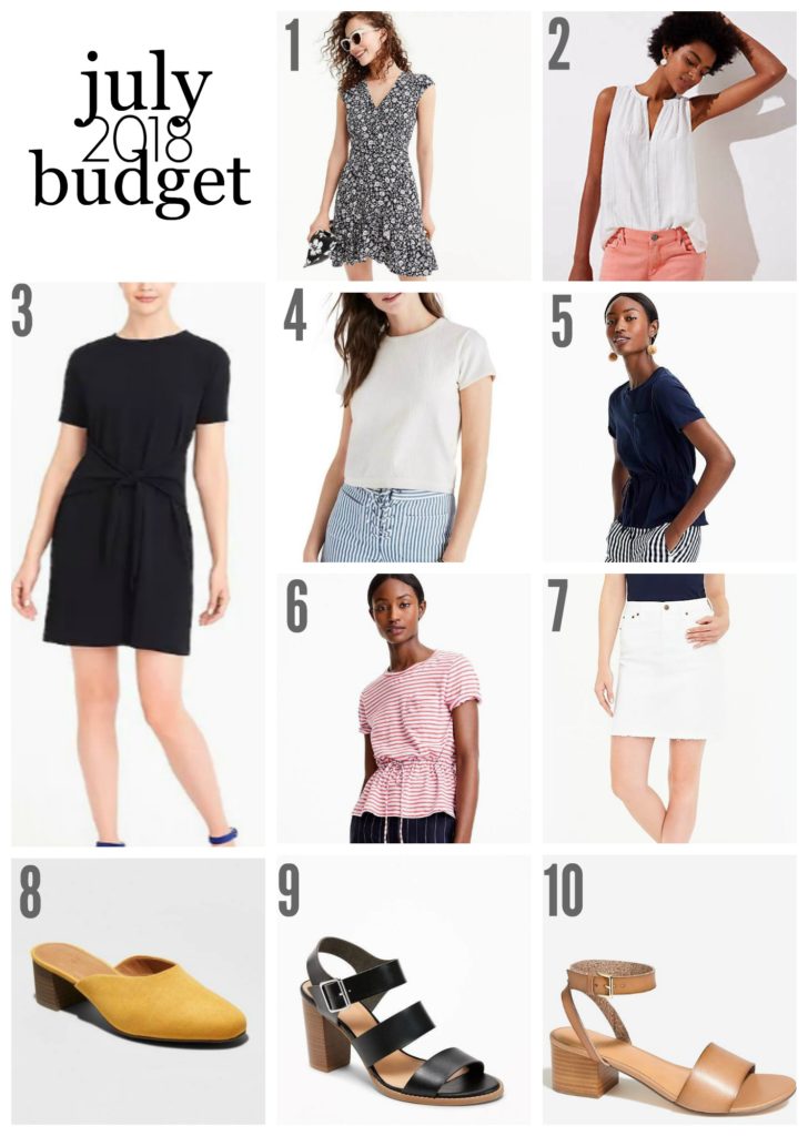 july 2018 budget, J.Crew Tie-waist pocket T-shirt, J.Crew Pocket T-shirt bodysuit, J.Crew Tie-waist pocket T-shirt in stripes, J.Crew J.Crew Mercantile faux-wrap mini dress in blossom, Madewell Verse Tie Back Top, Amazon Dress - Short Sleeve Slit Solid Summer Long Maxi Dresses, Target Avianna Low Vamp Kitten Heeled Mules - Universal Thread, J.Crew Factory Tie-front dress, J.Crew Factory Block-heel sandals, J.Crew Factory White denim mini skirt, Old Navy Three-Strap Block-Heel Sandals, Loft Striped Shirred Split Neck Shell