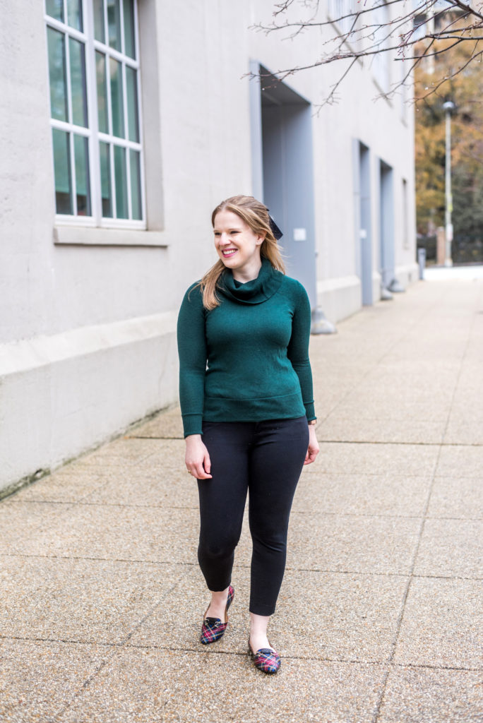 DC woman blogger wearing Talbots cowl neck sweater