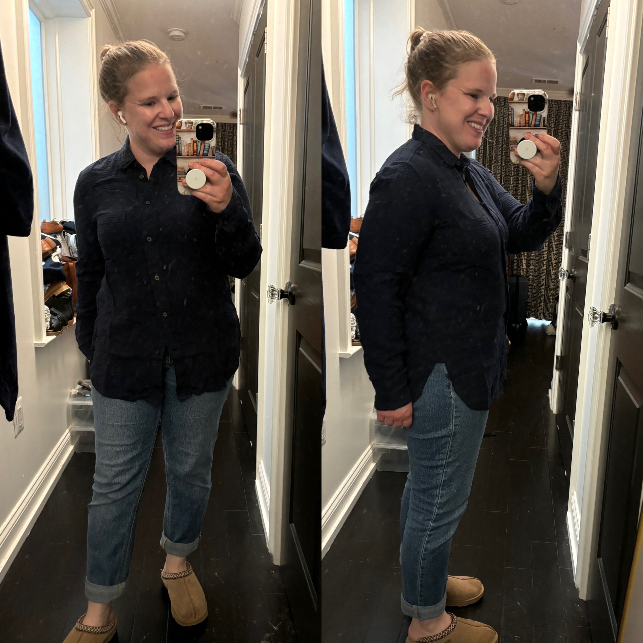 woman blogger wearing J.Crew Classic double gauze shirt, Navy